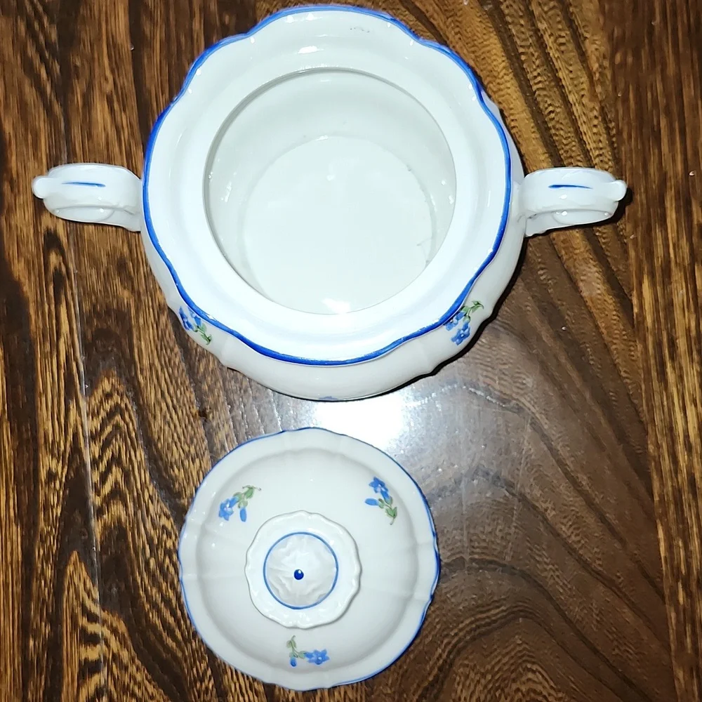 MZ CZECHOSLOVAKIA Floral White and Blue Ceramic Sugar Bowl